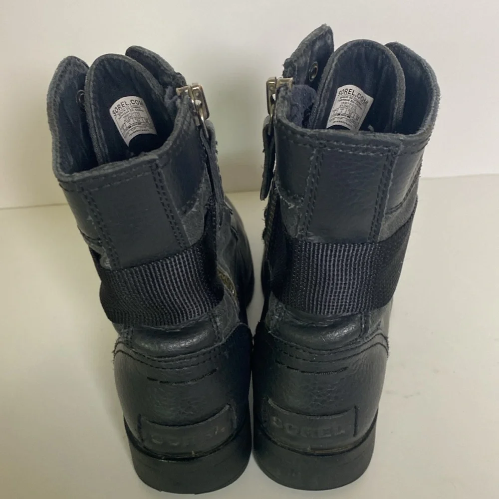 Sorel Girks Black Leather Combat Boots Lace Up Side Zip Youth Sz 2